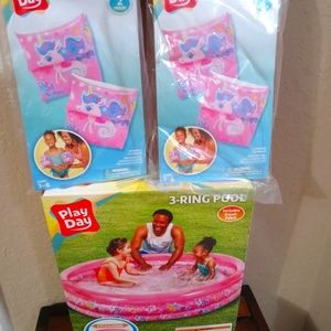 BUNDLE Play Day 3-Ring Pool & (2)Armbands Pink Unicorn NEW SEALED